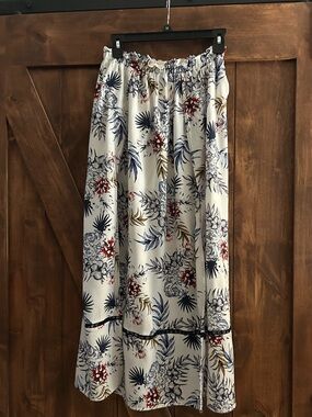 Women's White Floral Maxi Skirt with Navy and Red Print